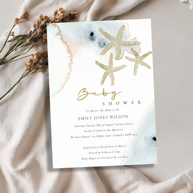 GOLD DUSKY BLUE BEACHY STARFISH BABY SHOWER INVITE (Creator Uploaded)