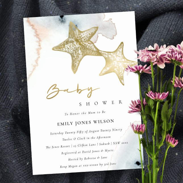 GOLD DUSKY BLUE BEACHY STARFISH BABY SHOWER INVITE (Creator Uploaded)