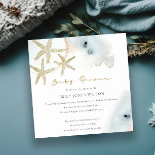 GOLD DUSKY BLUE BEACHY STARFISH BABY SHOWER INVITE