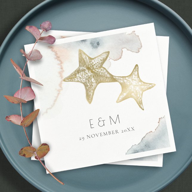 GOLD DUSKY BLUE BEACHY STARFISH MONOGRAM WEDDING  NAPKIN (Creator Uploaded)