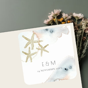 GOLD DUSKY BLUE BEACHY STARFISH MONOGRAM WEDDING SQUARE STICKER
