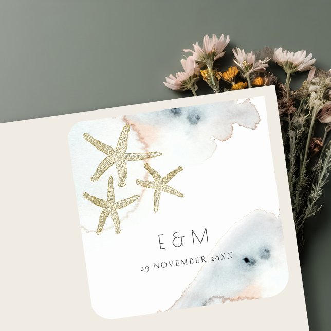 GOLD DUSKY BLUE BEACHY STARFISH MONOGRAM WEDDING SQUARE STICKER (Creator Uploaded)