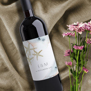 GOLD DUSKY BLUE BEACHY STARFISH MONOGRAM WEDDING WINE LABEL