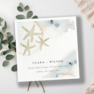 Gold Dusky Blue Beachy Starfish Watercolor Wedding Napkin