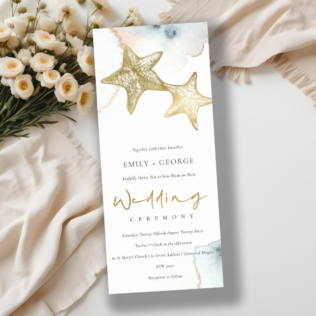 GOLD DUSKY BLUE BEACHY STARFISH WEDDING INVITATION (Creator Uploaded)