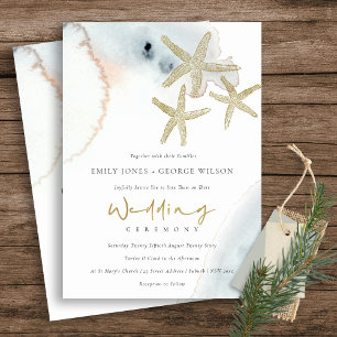 GOLD DUSKY BLUE BEACHY STARFISH WEDDING INVITE