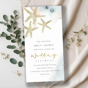 GOLD DUSKY BLUE BEACHY STARFISH WEDDING INVITE