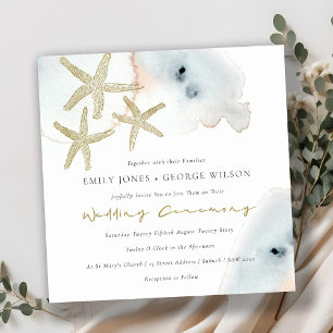 GOLD DUSKY BLUE BEACHY STARFISH WEDDING INVITE