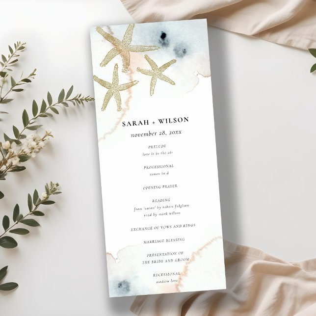 Gold Dusky Blue Beachy Starfish Wedding Program Invitation (Creator Uploaded)
