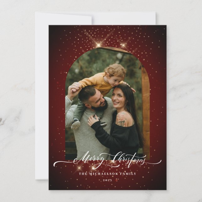 Gold Dust 3-Photo Festive Red Merry Christmas Holiday Card (Front)