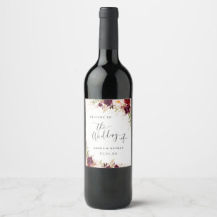 Gold Dust Burgundy Floral Welcome Wedding Wine Label