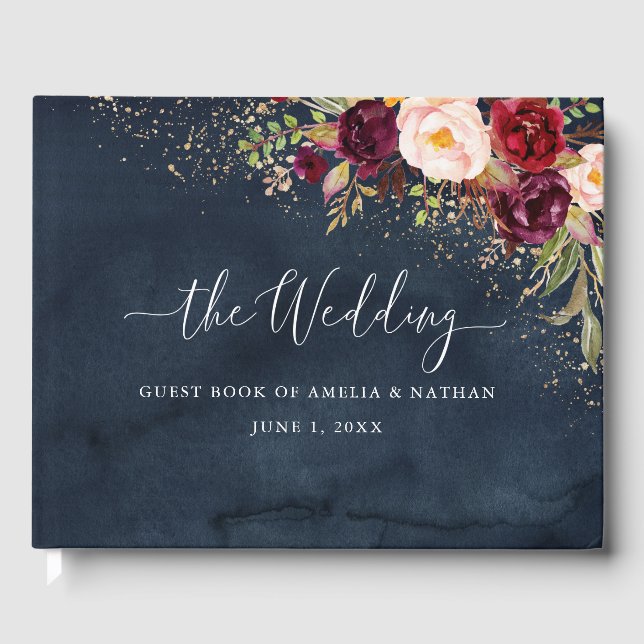Gold Dust Burgundy Navy Floral Wedding Guest Book (Front)