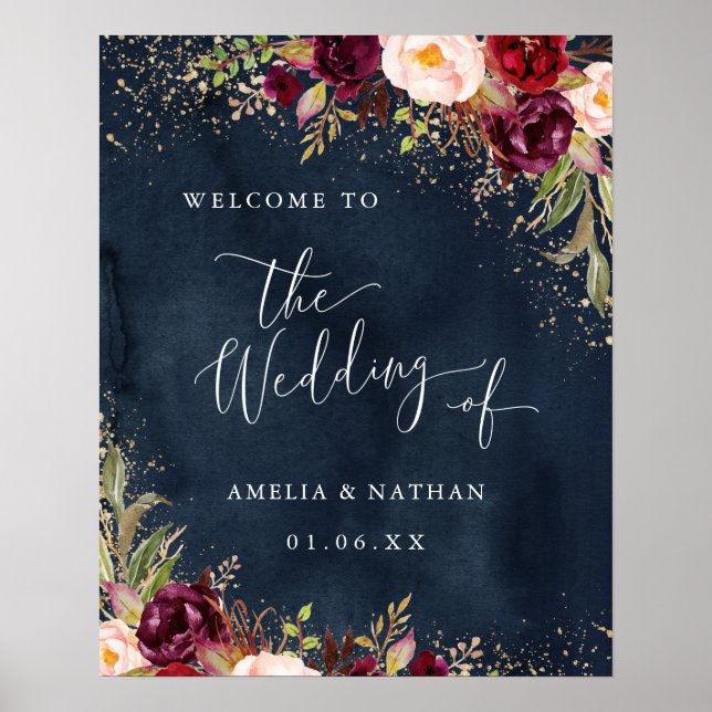 Gold Dust Burgundy Navy Floral Welcome Wedding Poster (Front)