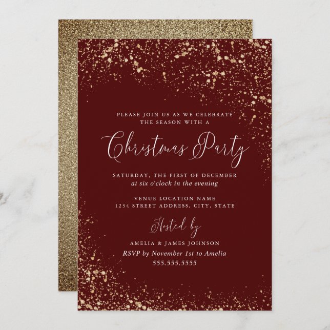 Gold Dust Burgundy Red Christmas Invitation (Front/Back)