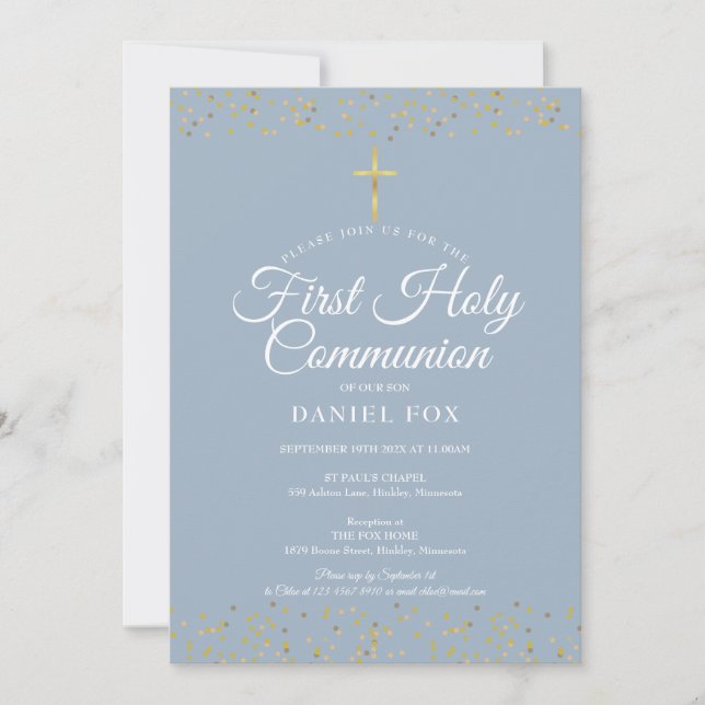Gold Dust First Holy Communion Dusty Blue Invitation (Front)