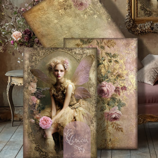 Gold Dust, Old World Vintage Fairy Romantic Floral Wrapping Paper Sheet