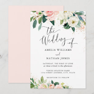 Gold Dust Peach Blush Floral Watercolor Wedding Invitation