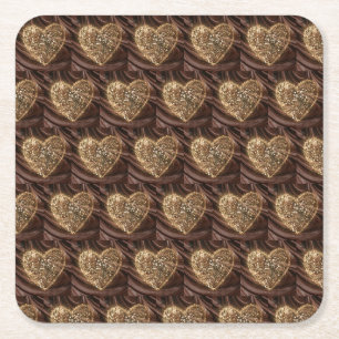 Gold Dusted Heart on chocolate fudge background Square Paper Coaster