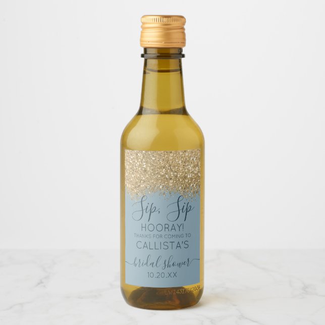 Gold Dusty Blue Glitter Confetti Bridal Shower Win Wine Label (Front)