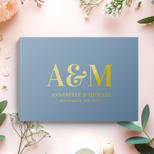 GOLD DUSTY BLUE MONOGRAM MINIMALIST WEDDING GUEST BOOK