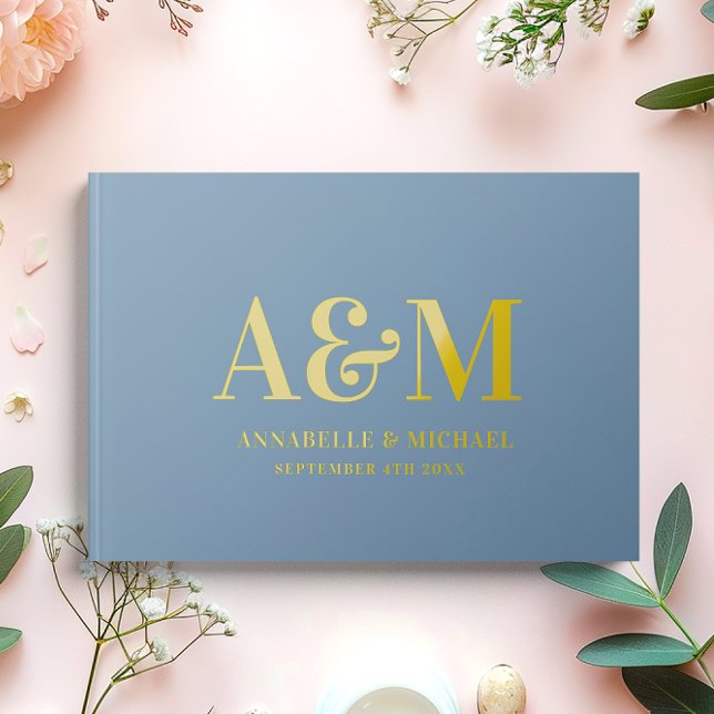 GOLD  DUSTY BLUE MONOGRAM MINIMALIST WEDDING  GUEST BOOK (Creator Uploaded)