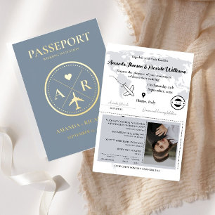 Gold & Dusty Blue  Passport  Wedding Invitation