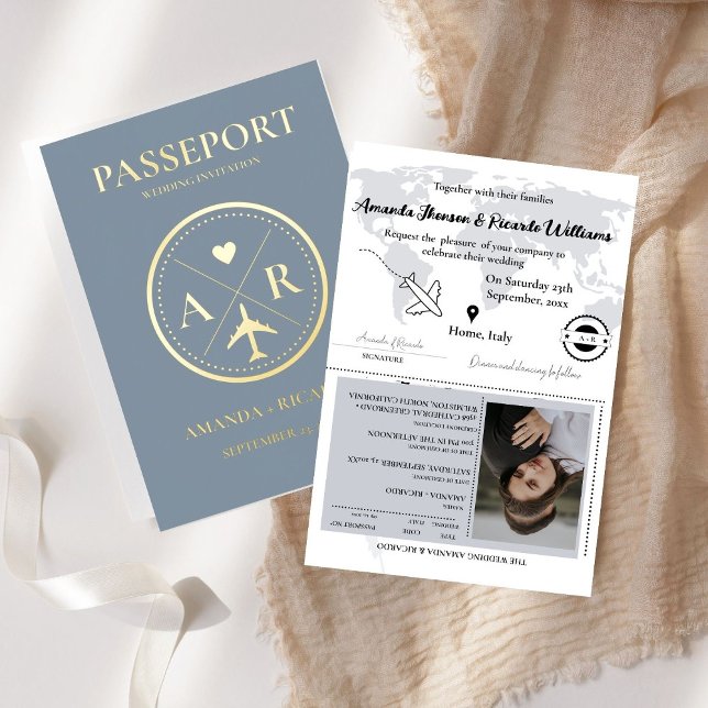 Gold & Dusty Blue  Passport  Wedding Invitation (Creator Uploaded)