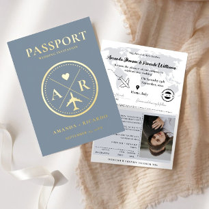 Gold & Dusty Blue Passport Wedding Invitation