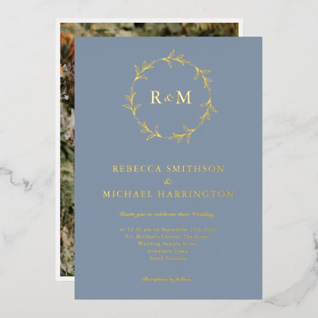 Gold Dusty Blue Wreath Monogram Wedding (Front/Back)