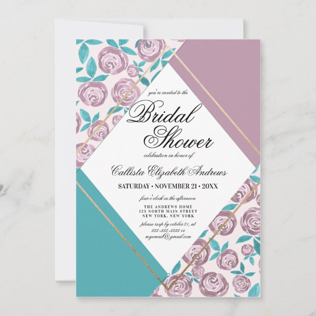 Gold Dusty Pink Flowers Watercolor Bridal Shower Invitation (Front)