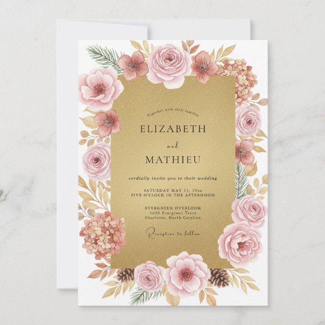 Gold Dusty Pink Petal Wedding Invitation (Front)