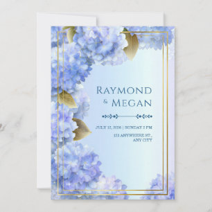 Gold Edged Blue Hydrangea Gilded Leaf Frame Invitation