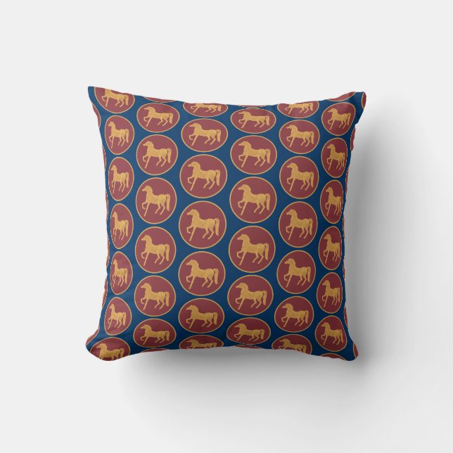 Gold-effect Horse on Deep Red, on Dark Blue Cushion (Front)