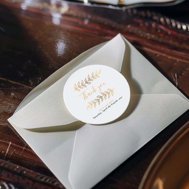 Gold effect leaves and branches wedding thank you classic round sticker (These gold effect pretty leaves and branches wedding thank you stickers)