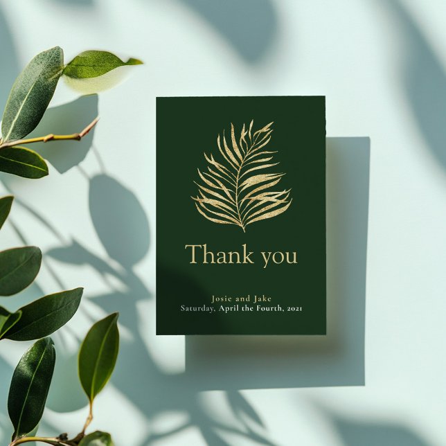Gold effect palm leaf, photo wedding thank you (Gold effect palm leaf, photo wedding thank you card.)