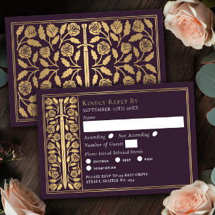 Gold Eggplant Mediaeval Sword Royal Wedding RSVP Card