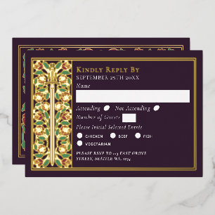 Gold Eggplant Medieval Floral Sword Wedding RSVP