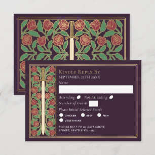 Gold Eggplant Medieval Floral Sword Wedding RSVP Card