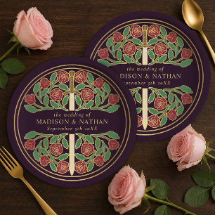 Gold Eggplant Royal Mediaeval Floral Sword Wedding Paper Plate