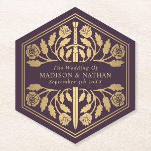 Gold Eggplant Royal Mediaeval Sword Wedding Paper Coaster