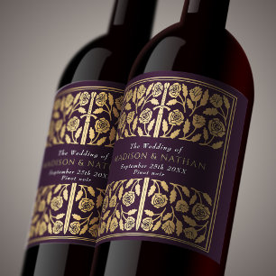 Gold Eggplant Royal Mediaeval Sword Wedding Wine Label