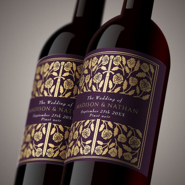 Gold Eggplant Royal Mediaeval Sword Wedding Wine Label (Creator Uploaded)