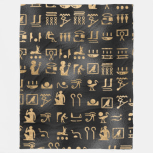 Gold Egyptian Hieroglyphics on Black Fleece Blanket
