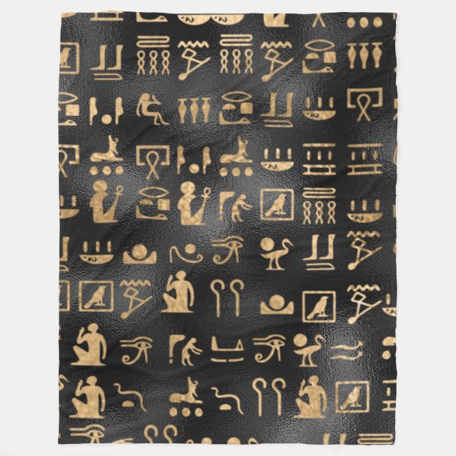Gold Egyptian Hieroglyphics on Black Fleece Blanket (Front)
