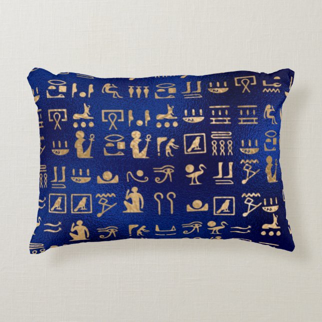 Gold Egyptian Hieroglyphics on Blue Decorative Cushion (Front)