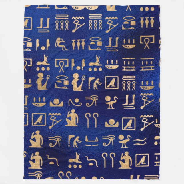 Gold Egyptian Hieroglyphics on Blue Fleece Blanket (Front)