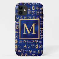 Gold Egyptian Hieroglyphics on Blue Intial