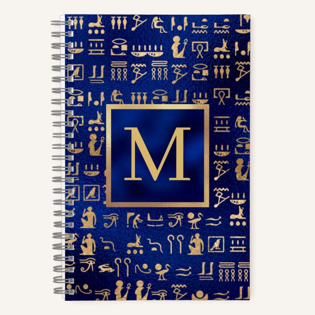 Gold Egyptian Hieroglyphics on Blue Intial Notebook (Front)