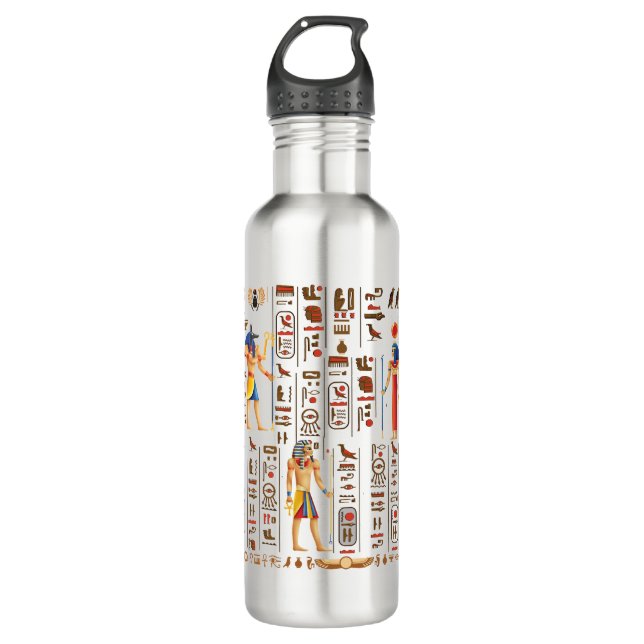 Gold Egyptian hieroglyphs and deities on black 710 Ml Water Bottle (Front)