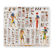 Gold Egyptian hieroglyphs and deities on black 